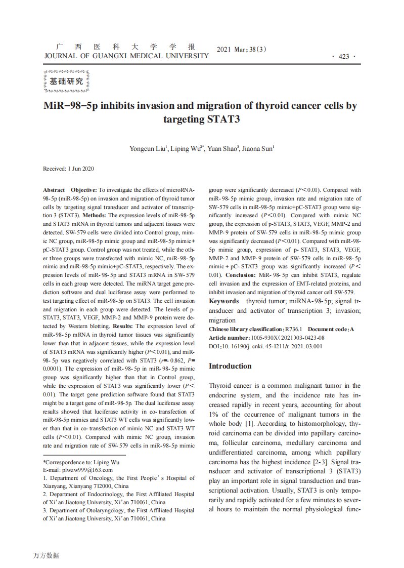 miR-98-5p靶向调控STAT3抑制甲状腺癌细胞侵袭和迁移的研究