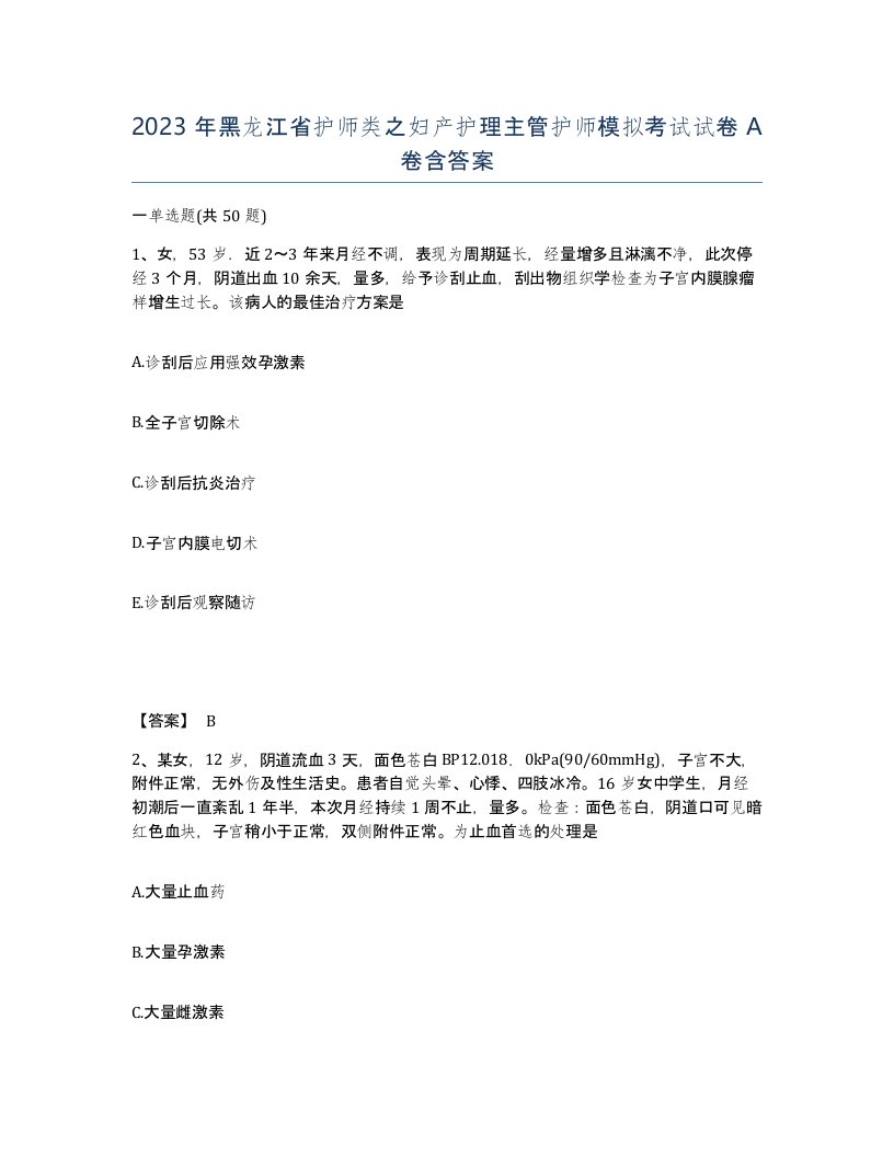 2023年黑龙江省护师类之妇产护理主管护师模拟考试试卷A卷含答案