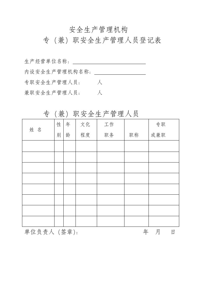 安全生产管理机构专(兼)职安全生产管理人员登记表