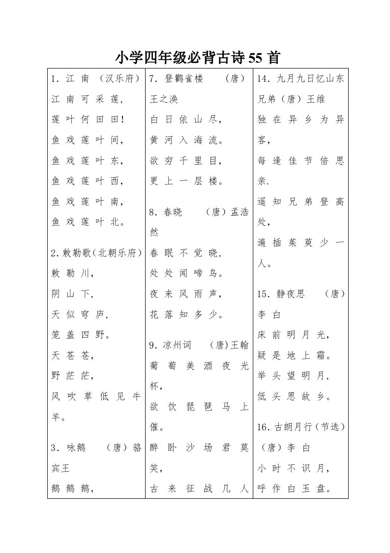 小学四年级必背古诗55首