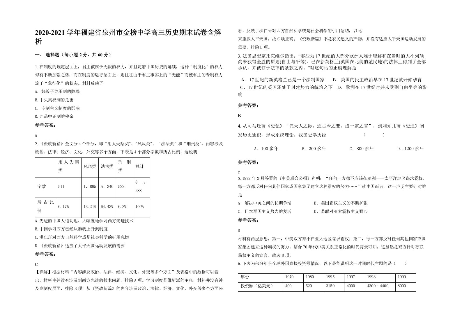 2020-2021学年福建省泉州市金榜中学高三历史期末试卷含解析