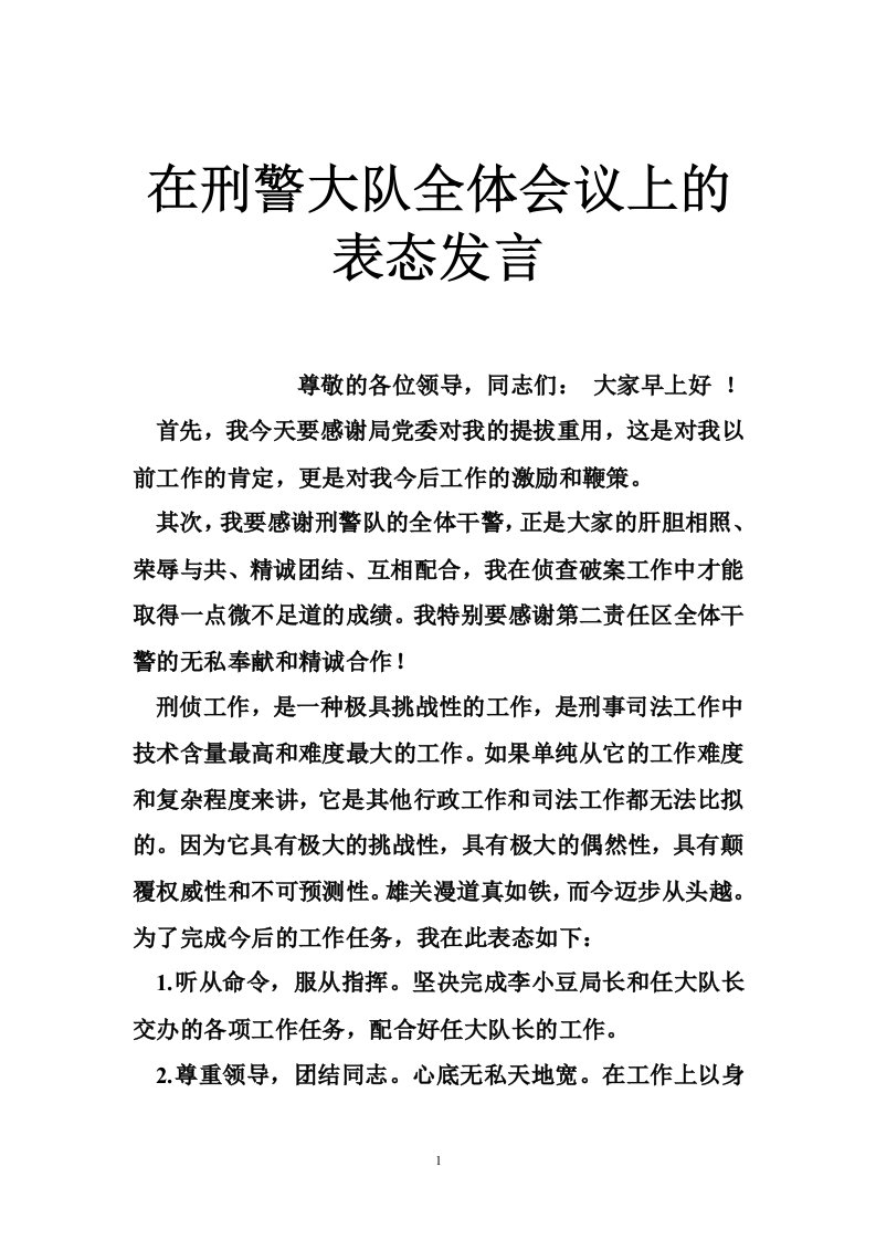 在刑警大队全体会议上的表态发言