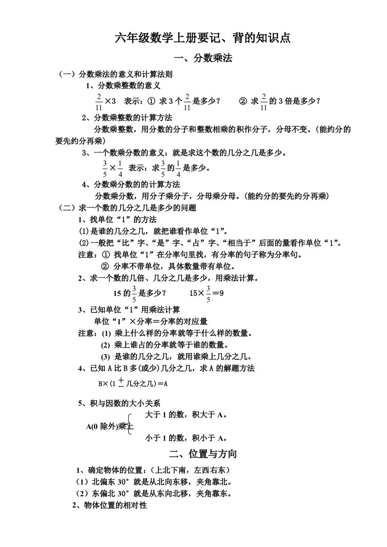 人教版六年级数学上册要记、背的知识点