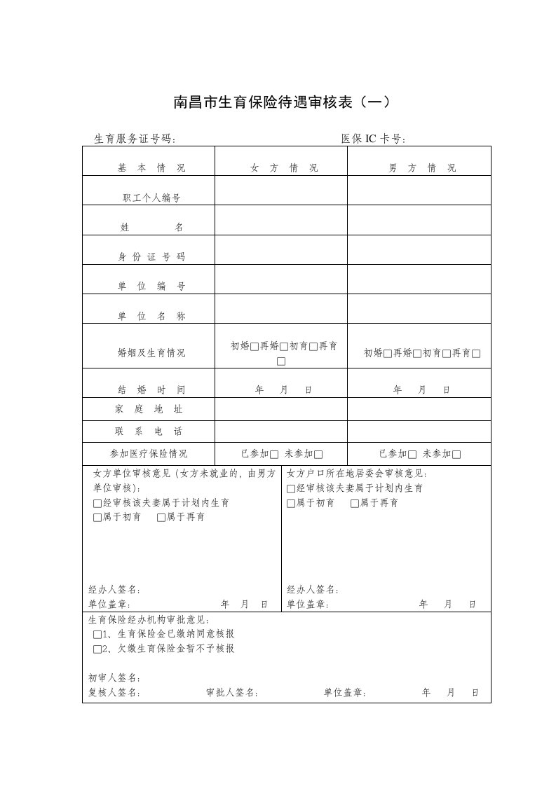 南昌市生育保险待遇审核表(一)