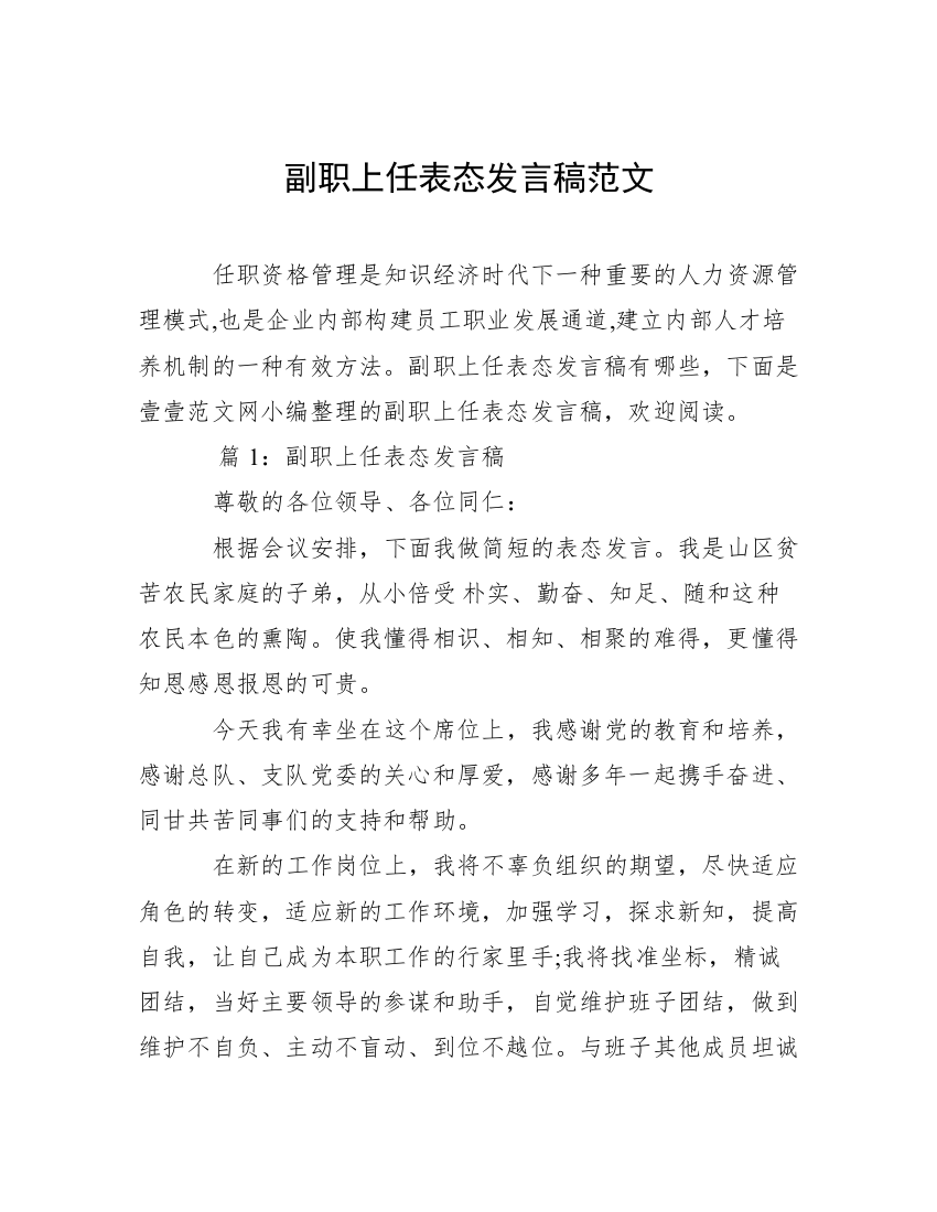 副职上任表态发言稿范文