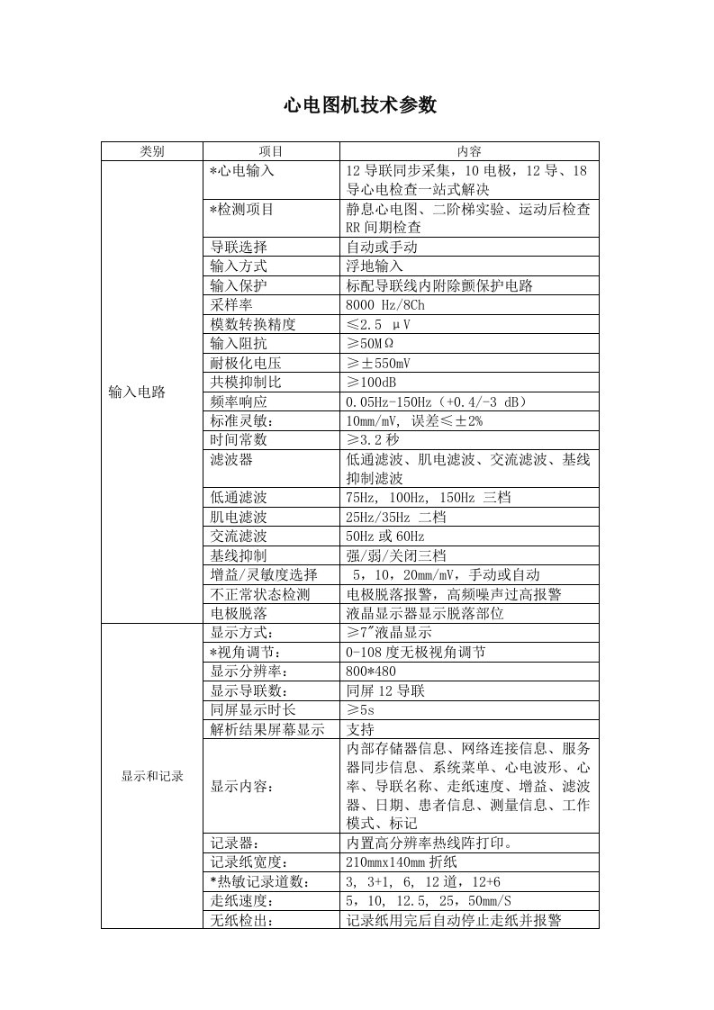 心电图机技术参数