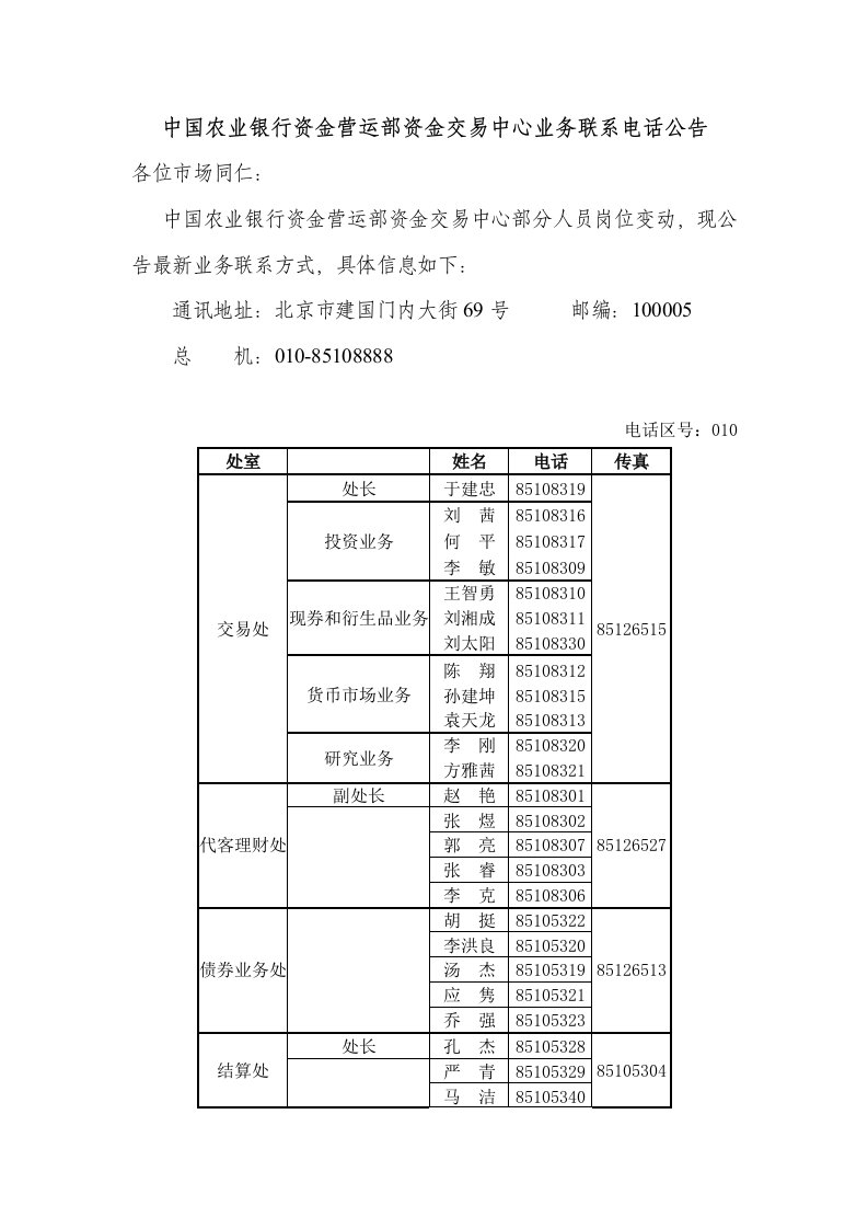 中国农业银行资金营运部资金交易中心业务联系电话公告