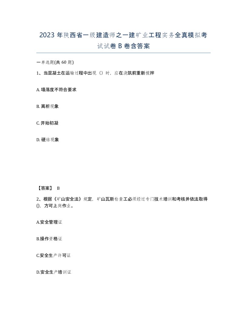 2023年陕西省一级建造师之一建矿业工程实务全真模拟考试试卷B卷含答案