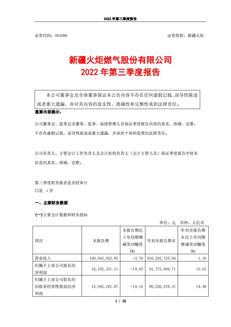 上交所-新疆火炬2022年第三季度报告-20221027