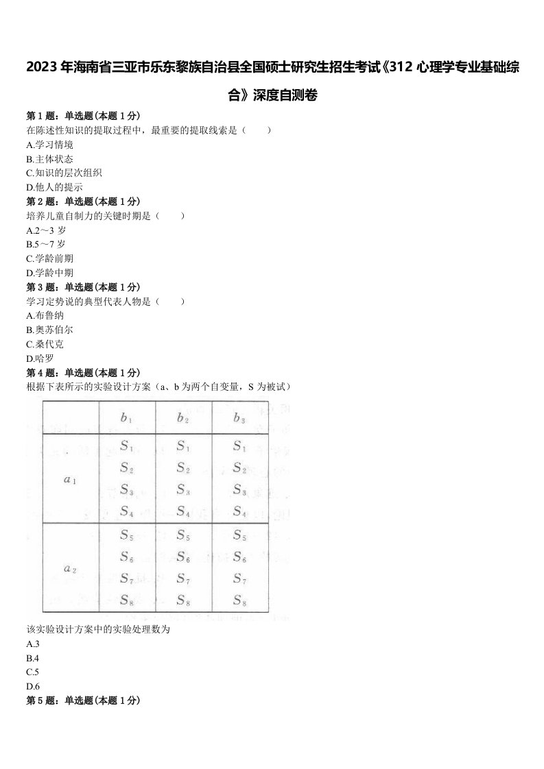 2023年海南省三亚市乐东黎族自治县全国硕士研究生招生考试《312心理学专业基础综合》深度自测卷含解析