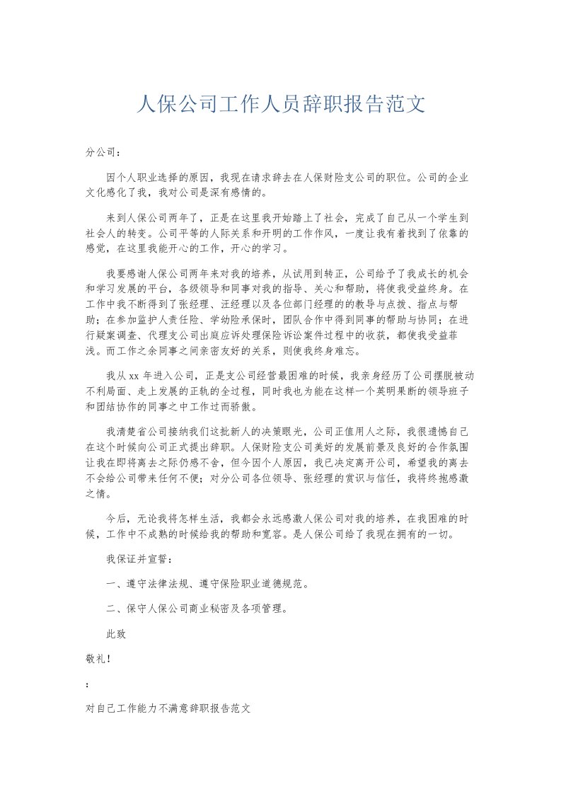 总结报告人保公司工作人员辞职报告范文