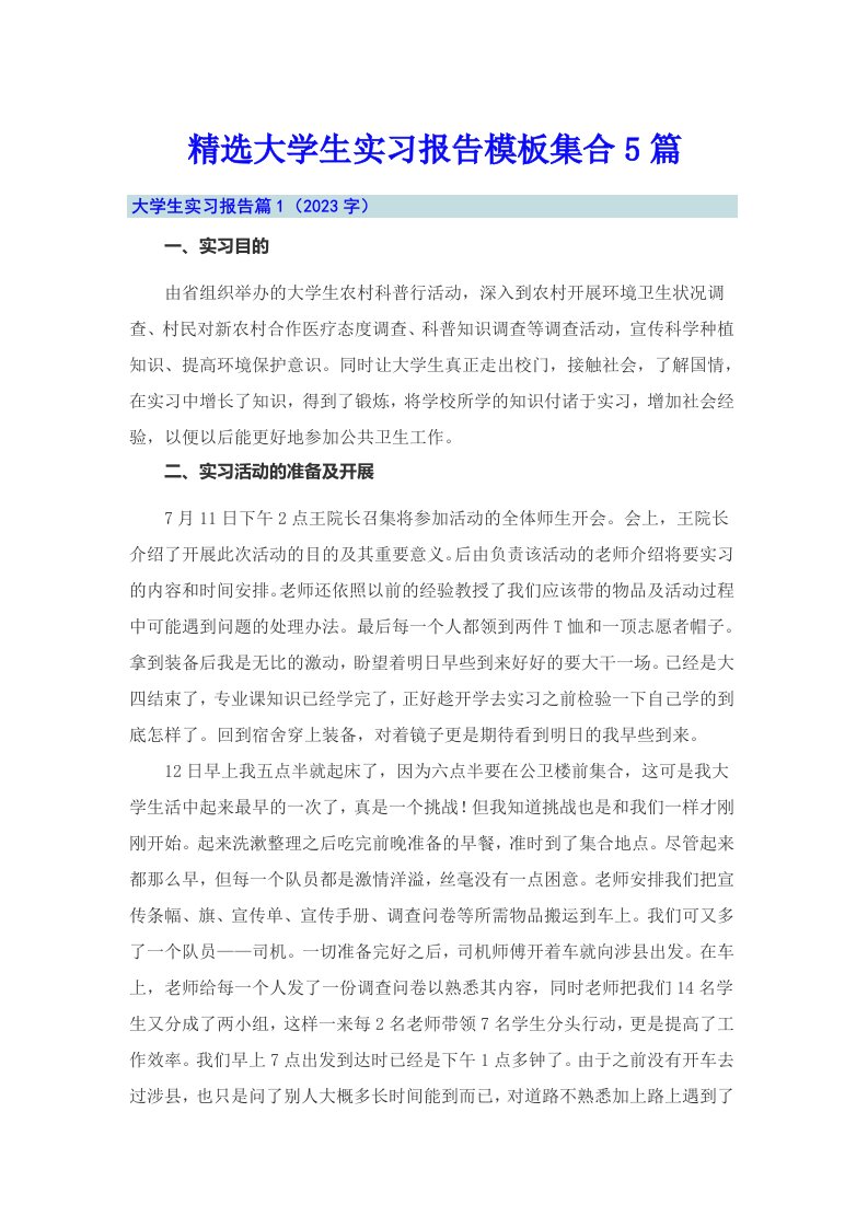 精选大学生实习报告模板集合5篇