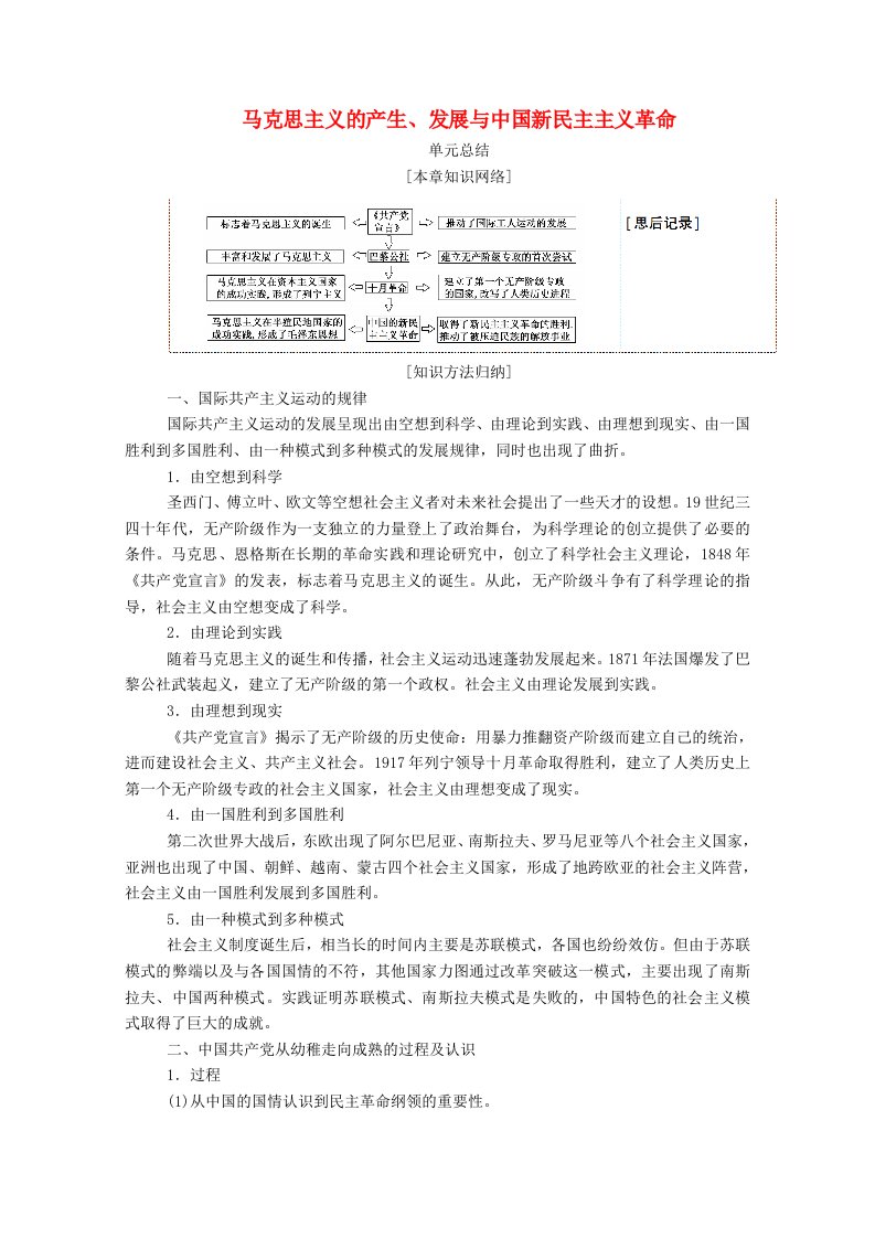 2020_2021学年高中历史第五单元马克思主义的产生发展与中国新民主主义革命单元总结学案含解析岳麓版必修1