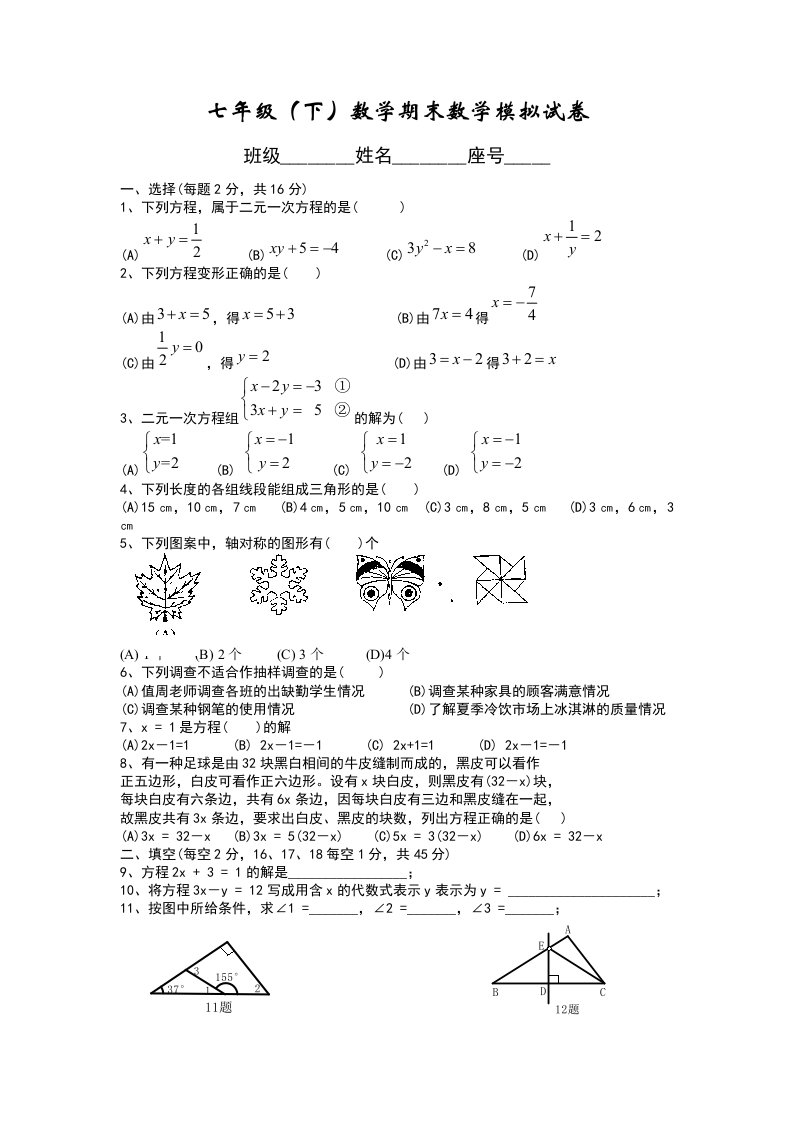 七年级(下)数学期末数学模拟试卷