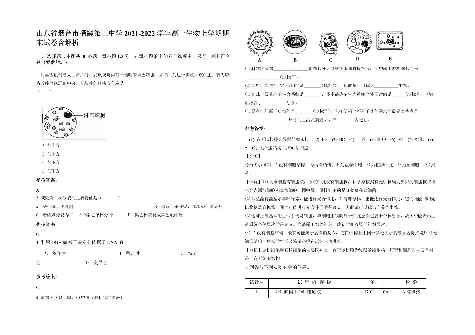 山东省烟台市栖霞第三中学2021-2022学年高一生物上学期期末试卷含解析