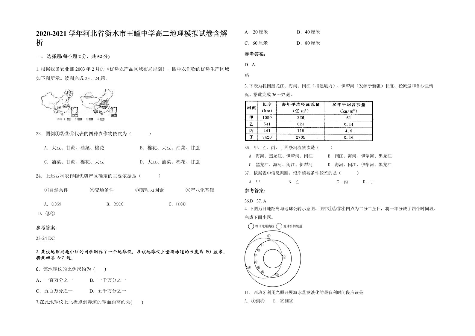 2020-2021学年河北省衡水市王瞳中学高二地理模拟试卷含解析