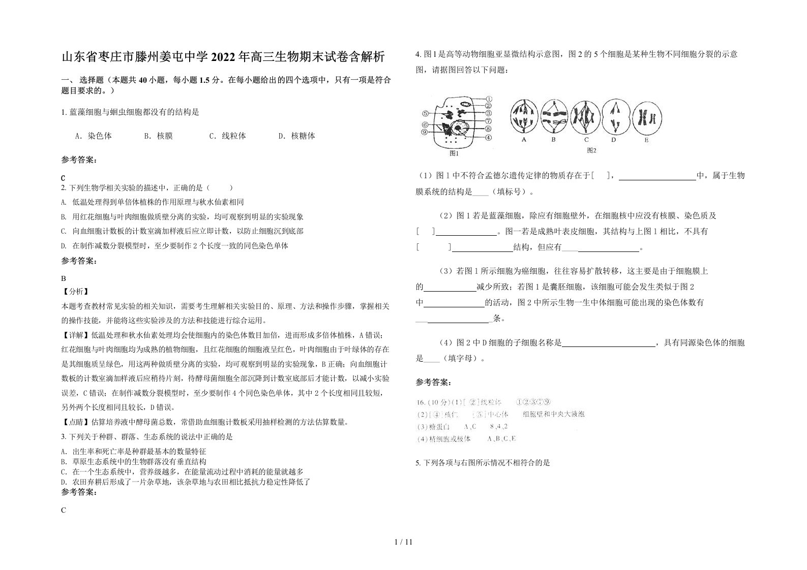 山东省枣庄市滕州姜屯中学2022年高三生物期末试卷含解析