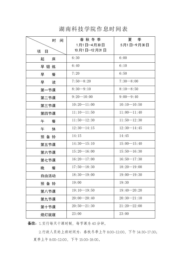 湖南科技学院作息时间表