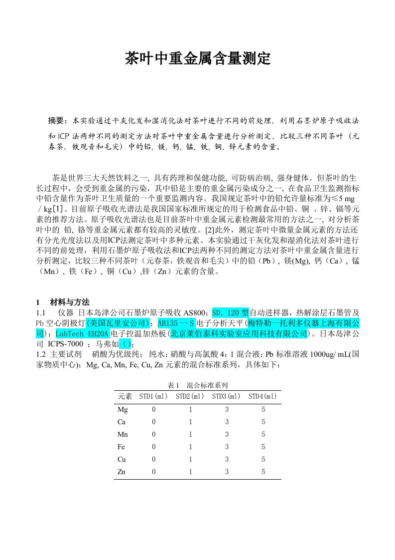 茶叶中重金属含量测定