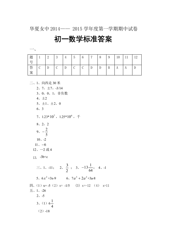 【小学中学教育精选】华夏女中2014-2015第一学期初一期中数学试卷标准答案