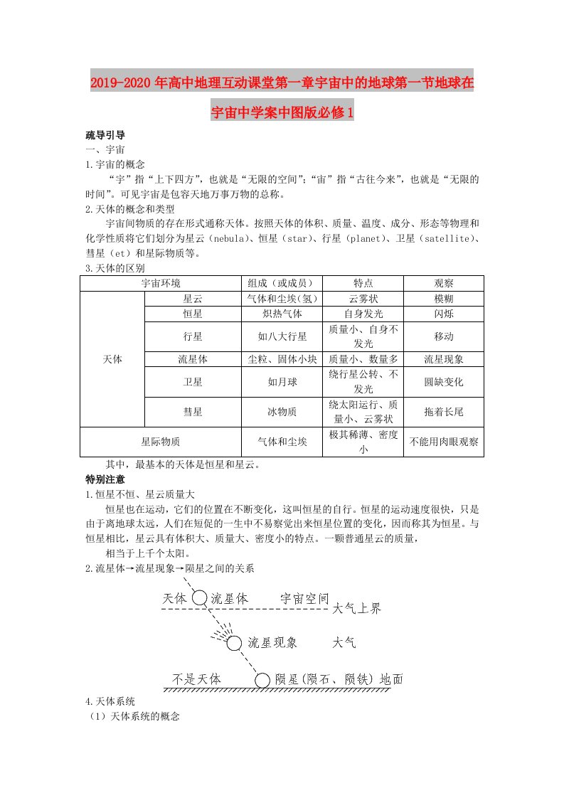 2019-2020年高中地理互动课堂第一章宇宙中的地球第一节地球在宇宙中学案中图版必修1