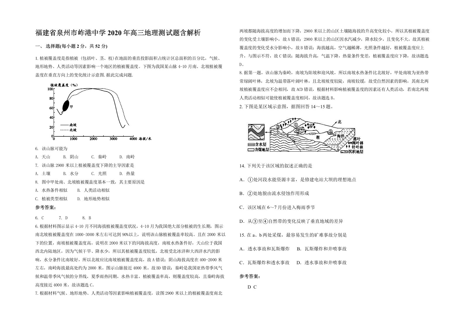 福建省泉州市岞港中学2020年高三地理测试题含解析