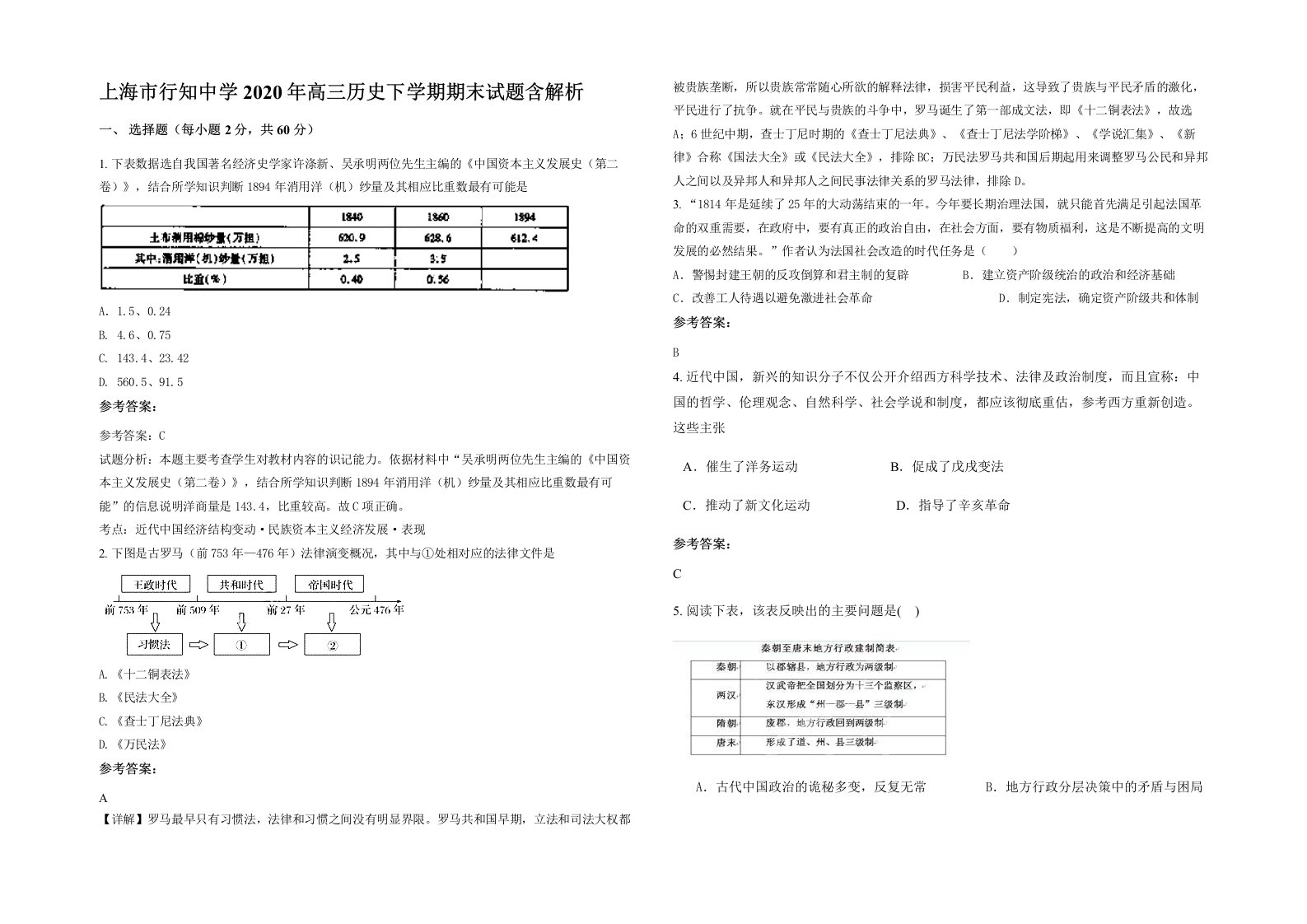 上海市行知中学2020年高三历史下学期期末试题含解析