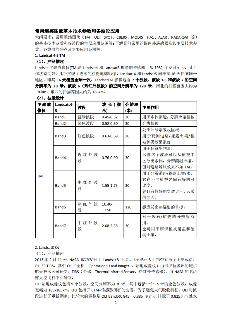 常用遥感图像基本技术参数和各波段应用