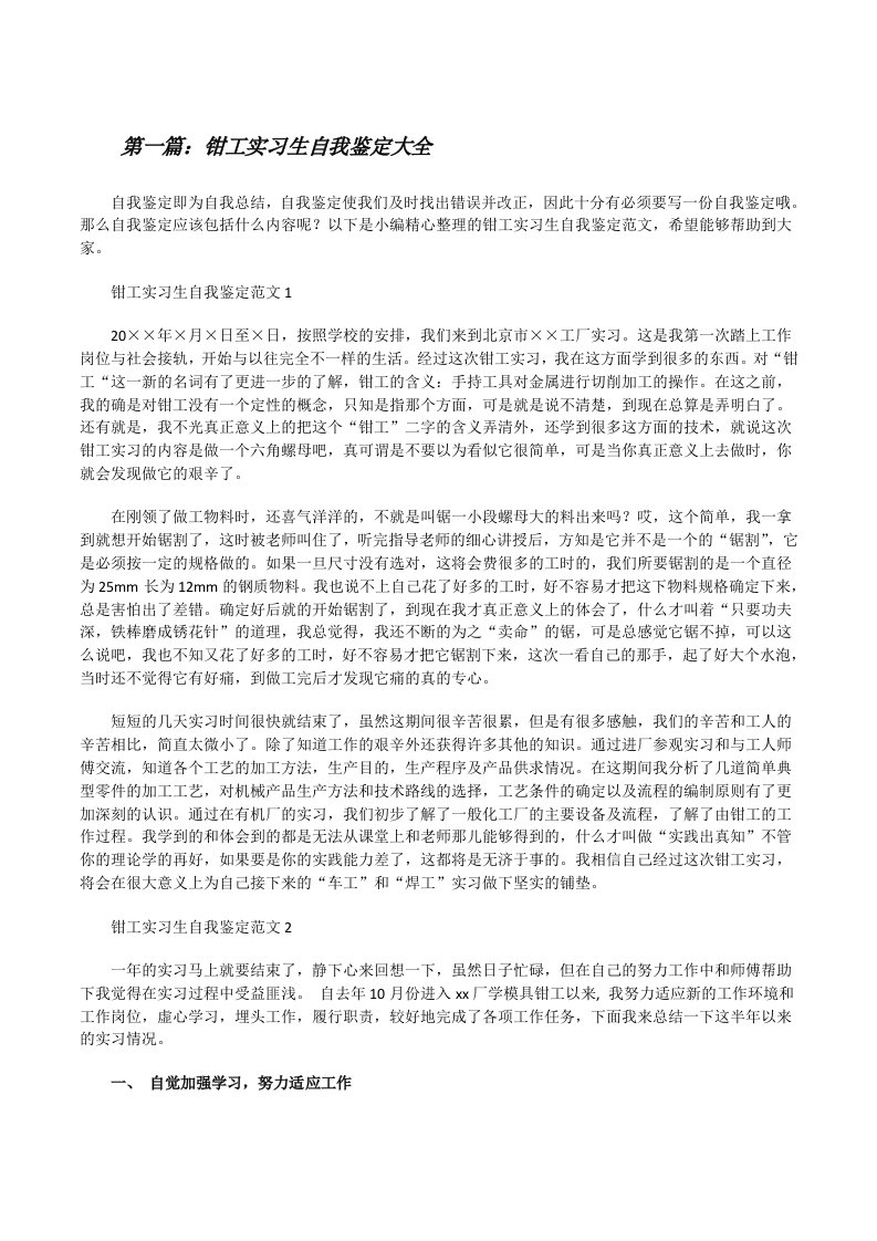 钳工实习生自我鉴定大全[修改版]