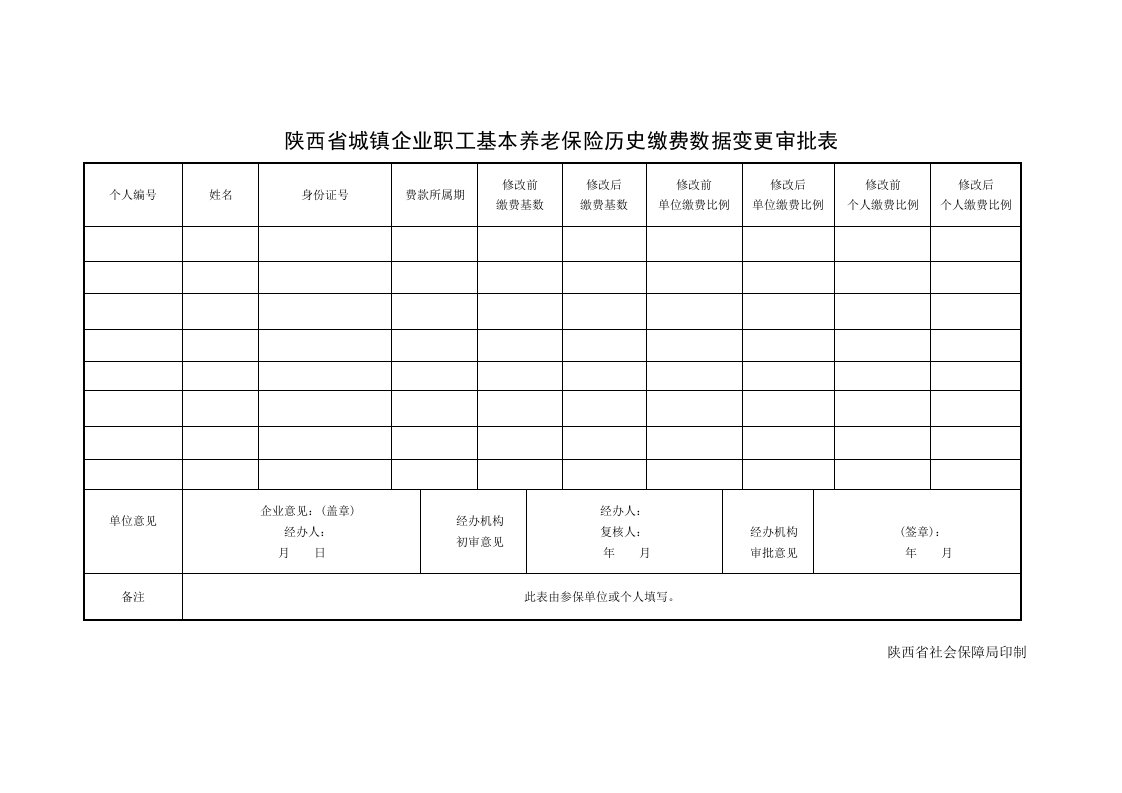 陕西省城镇企业职工基本养老保险历史缴费数据变更审批表