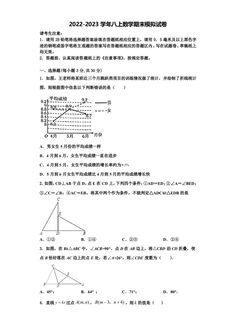 2022年浙江省台州市团队六校数学八年级第一学期期末检测试题含解析