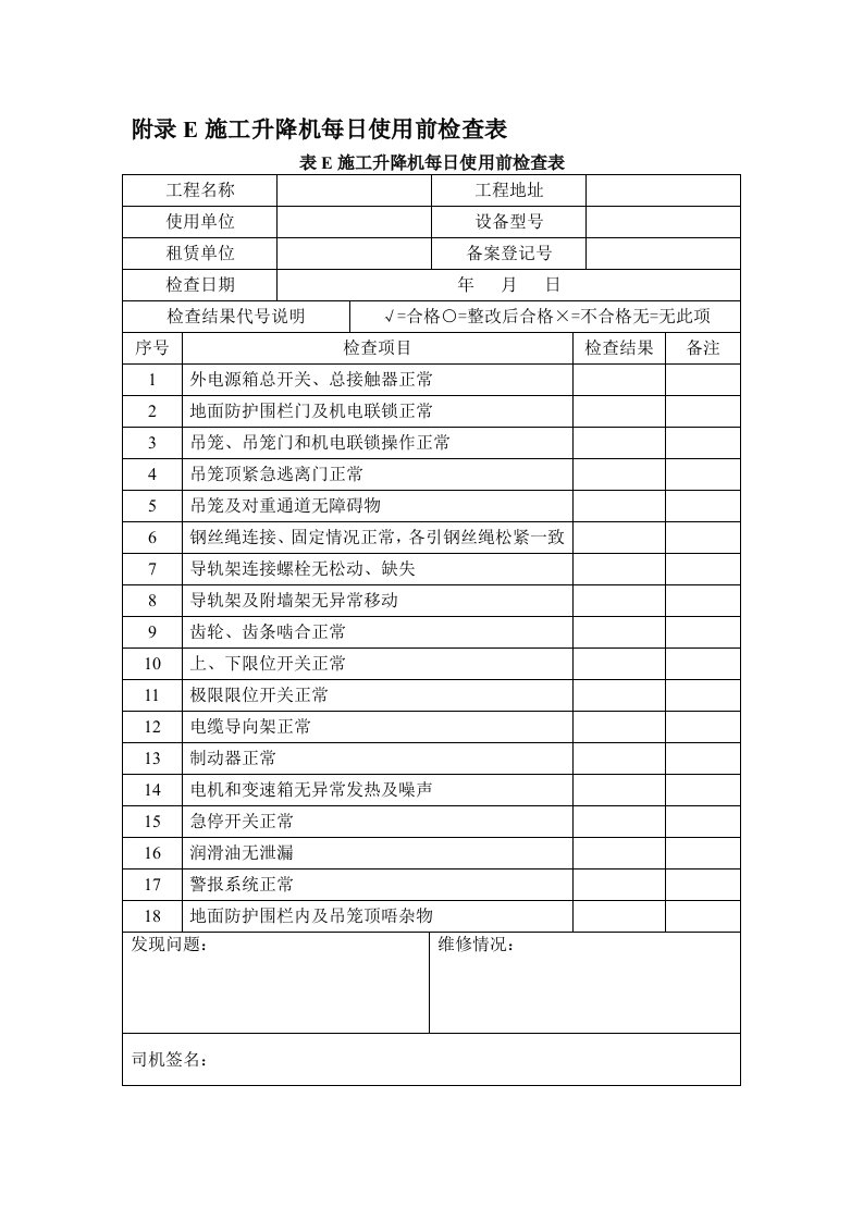 施工升降机每日使用前检查表