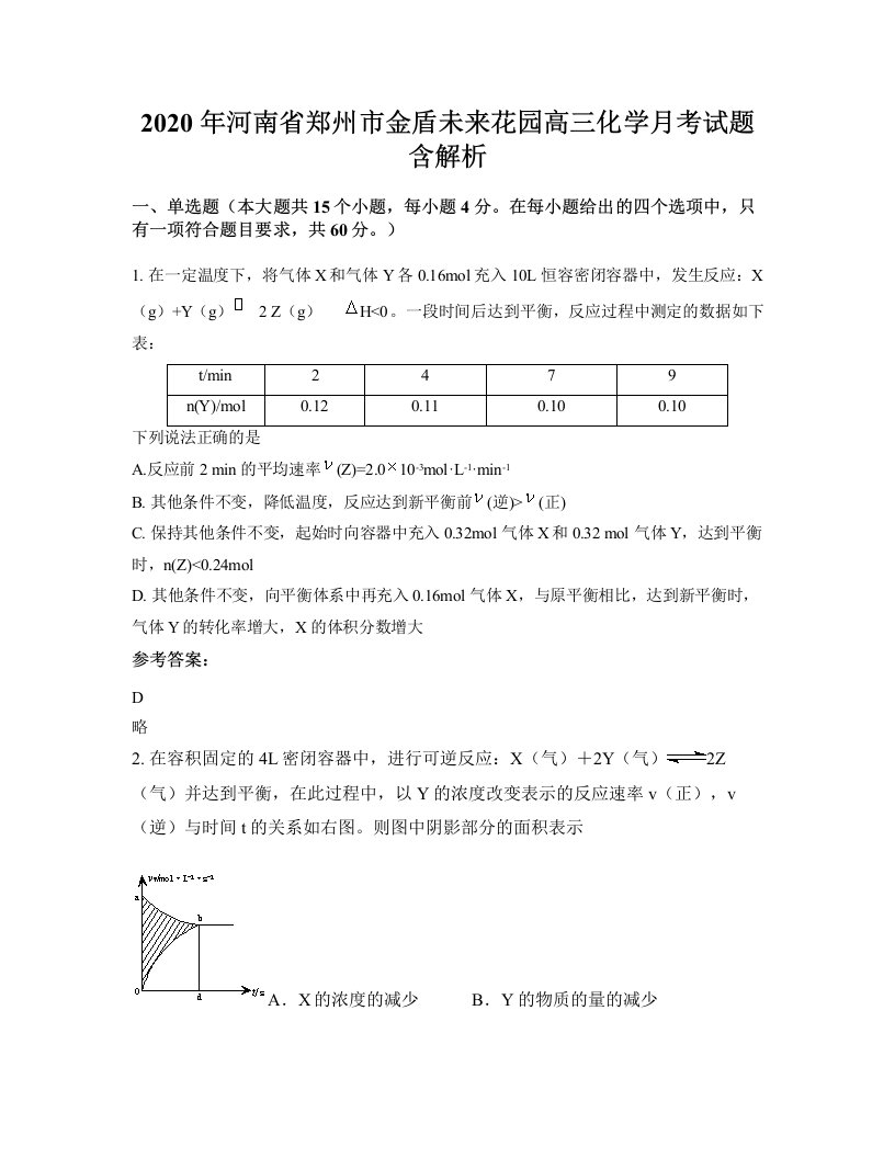 2020年河南省郑州市金盾未来花园高三化学月考试题含解析