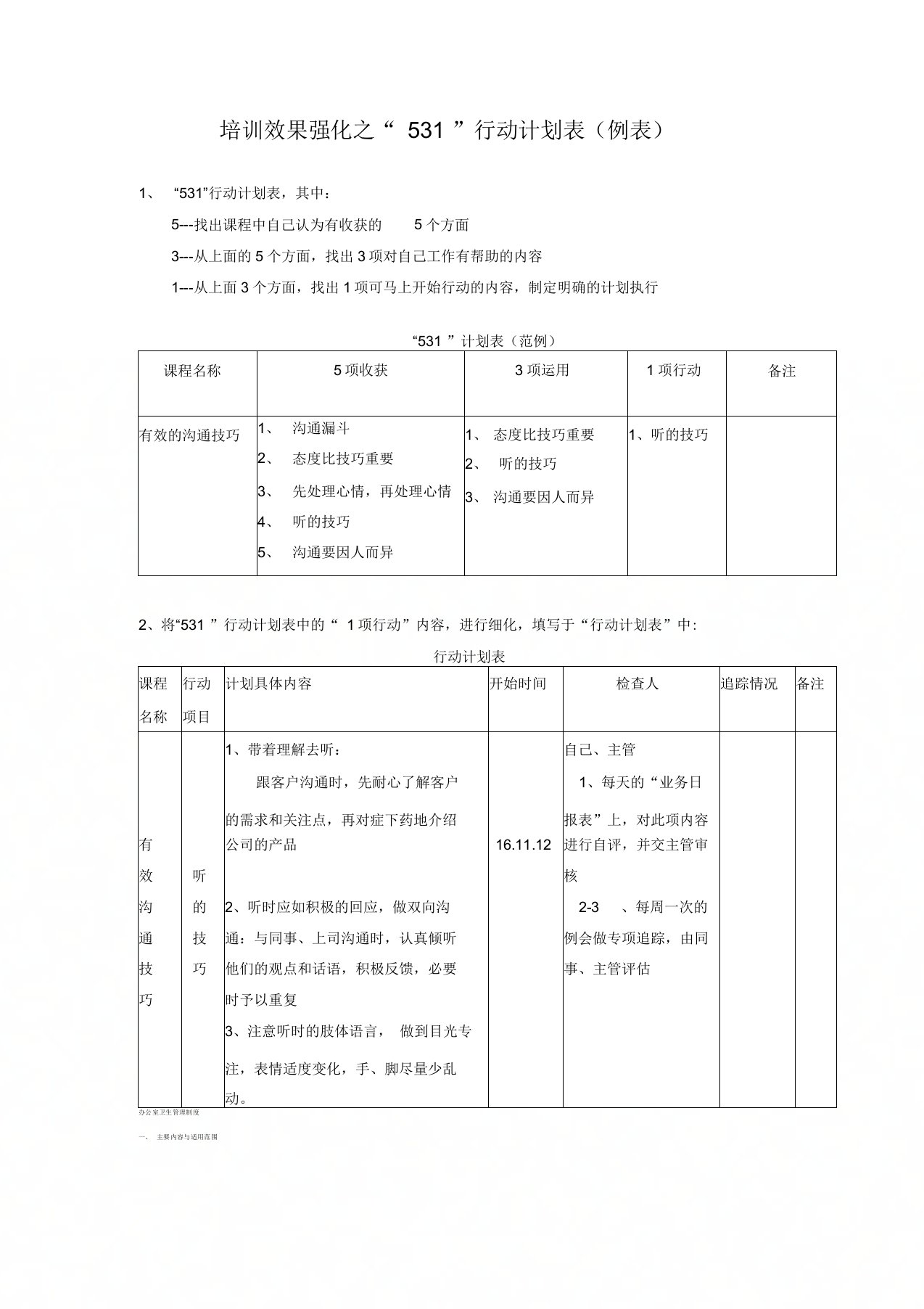 培训效果强化之“531”行动计划表