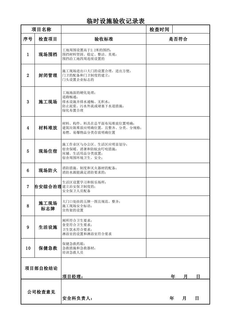 建设工程项目临时设施验收记录表