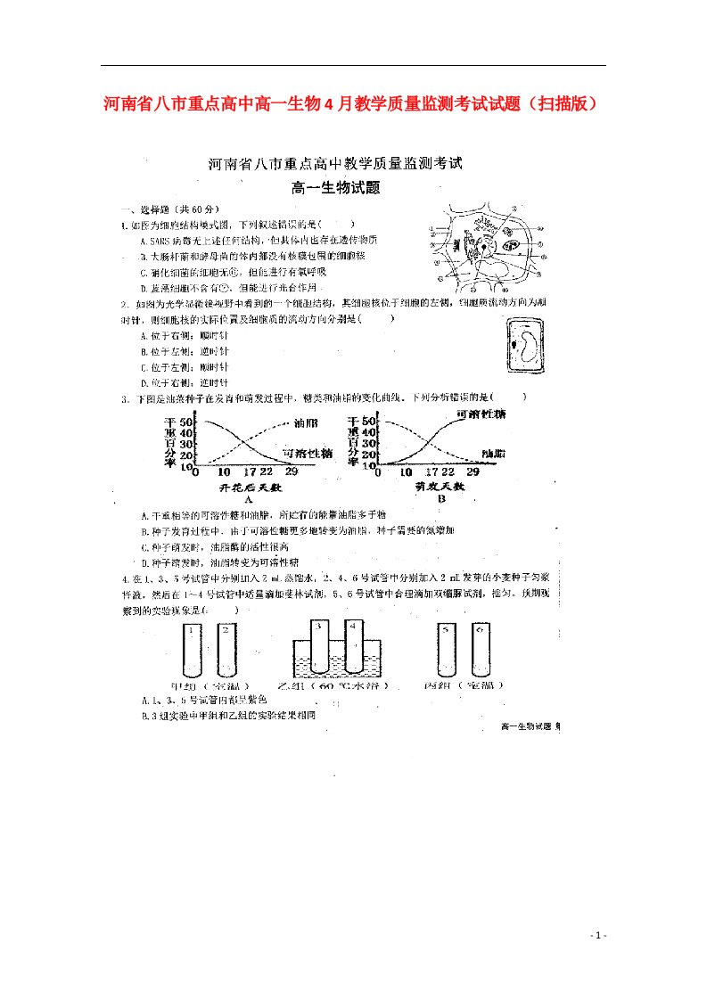 河南省八市重点高中高一生物4月教学质量监测考试试题（扫描版）