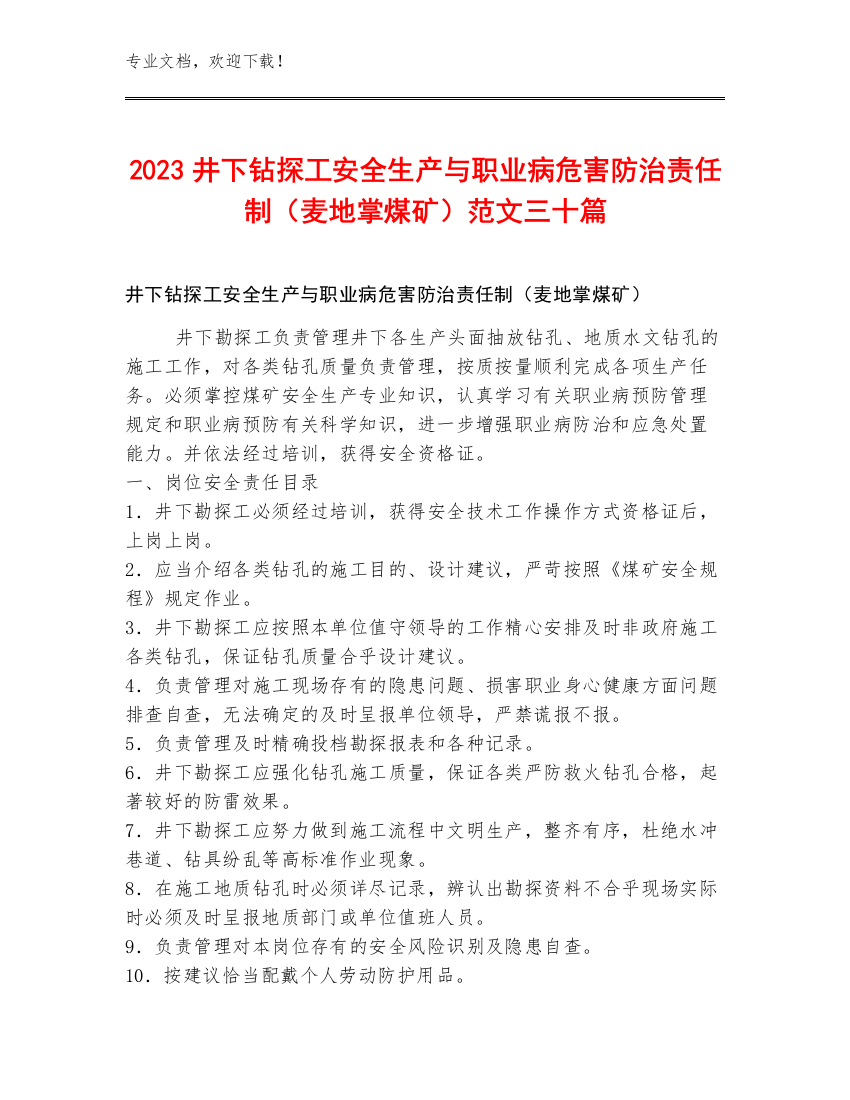 2023井下钻探工安全生产与职业病危害防治责任制（麦地掌煤矿）范文三十篇