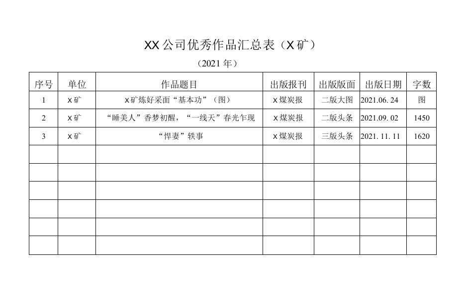 某公司年优秀作品汇总表