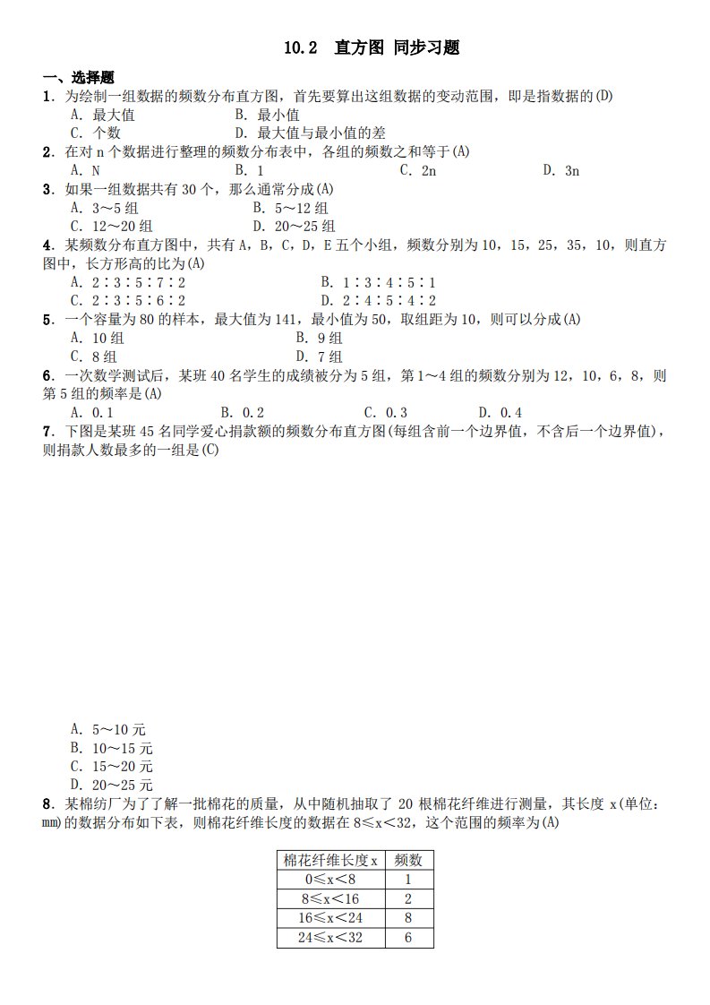 人教版七年级数学下册10.2直方图