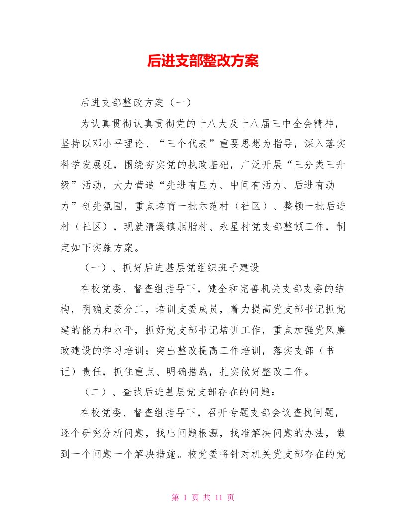 后进支部整改方案