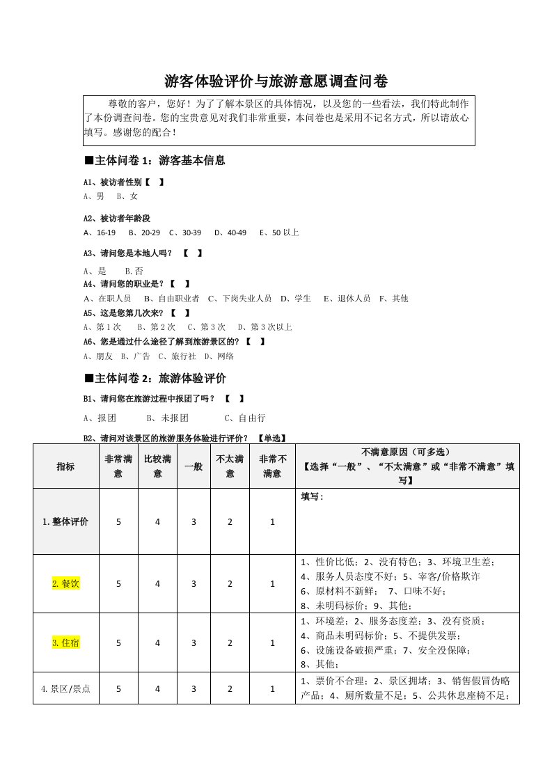 景区游客满意度调查问卷