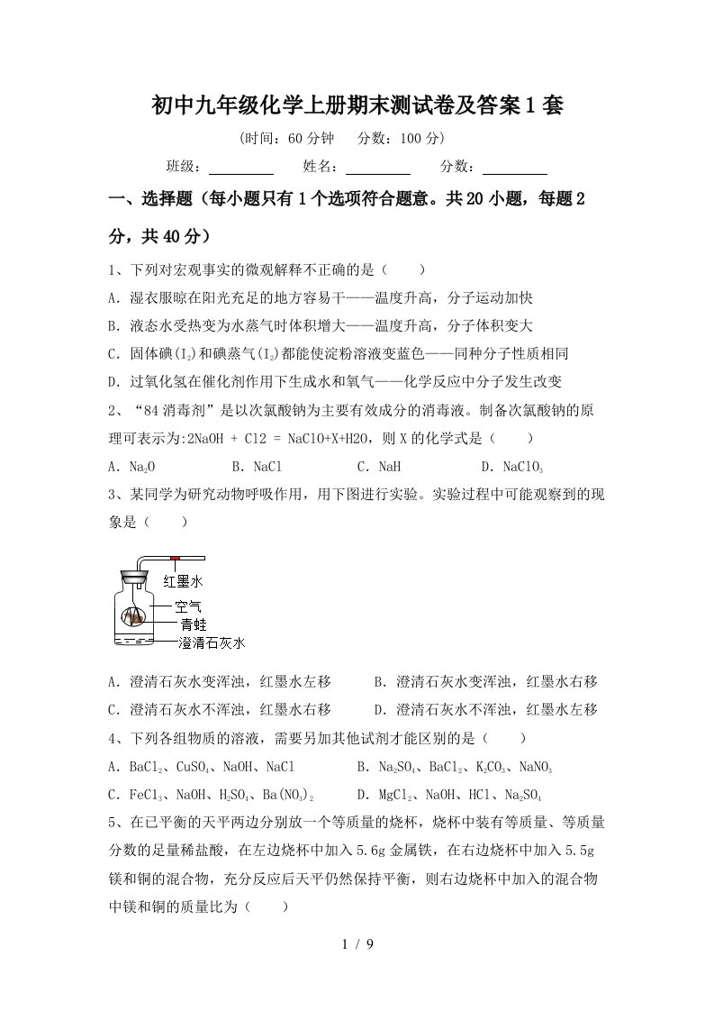 初中九年级化学上册期末测试卷及答案1套