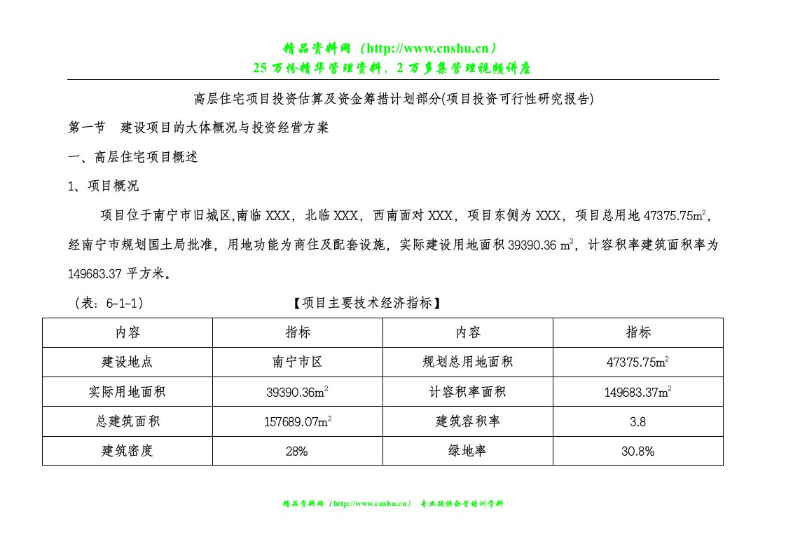 高层住宅项目投资估算及资金筹措计划方案(投资可行性分析)