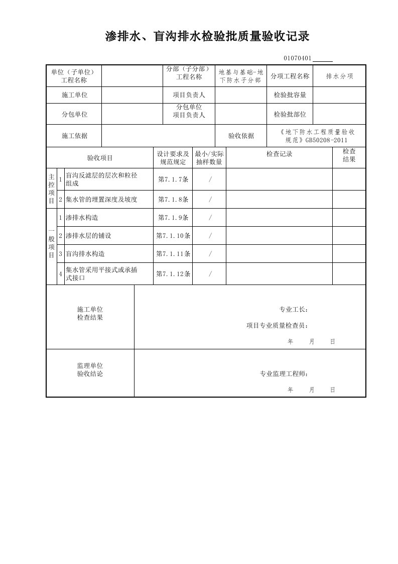 渗排水、盲沟排水检验批