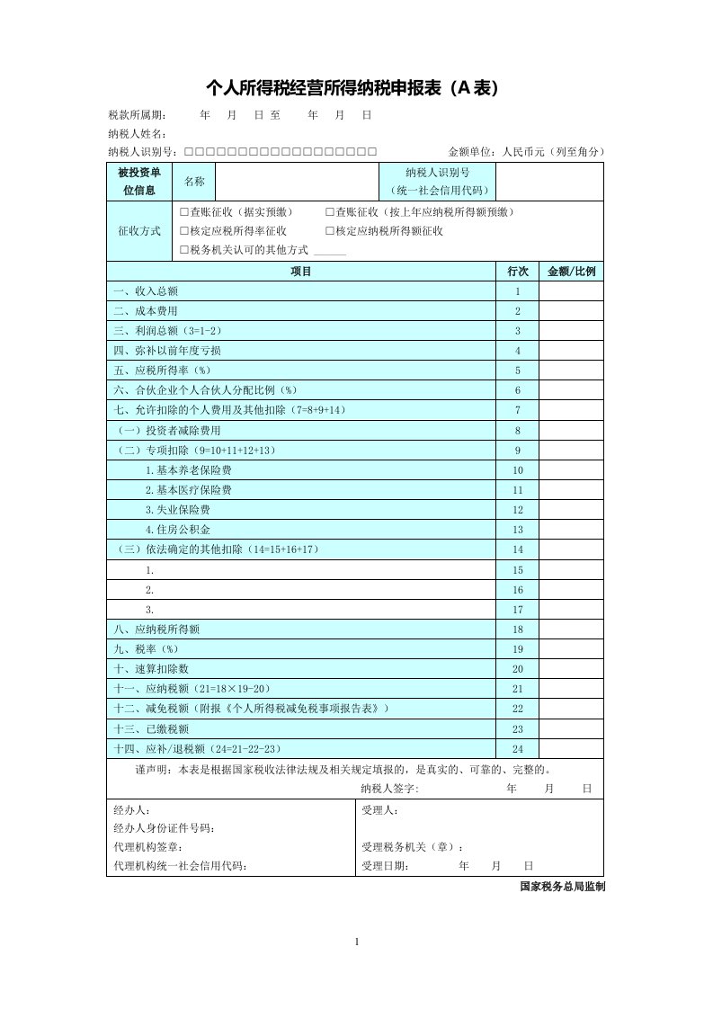 个人所得税经营所得纳税申报表A表2019年