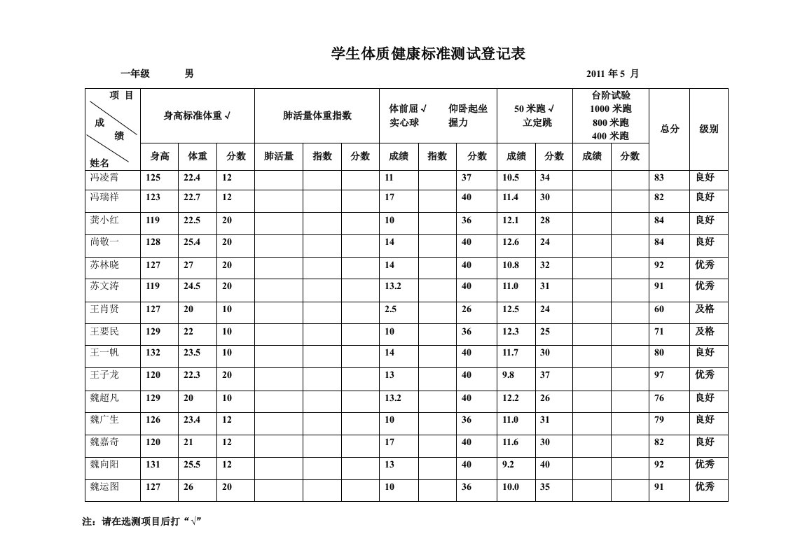 学生体质健康标准测试登记表(上交)