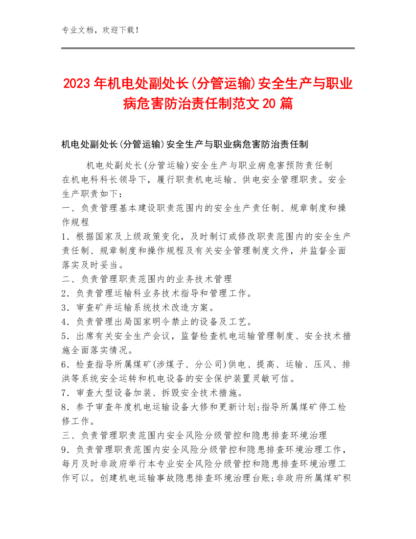 2023年机电处副处长(分管运输)安全生产与职业病危害防治责任制范文20篇