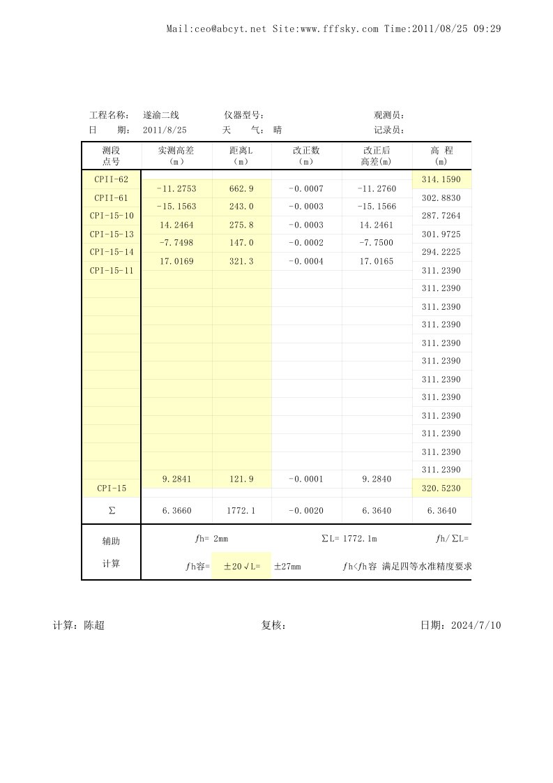 水准测量平差表(含公式可自动计算)