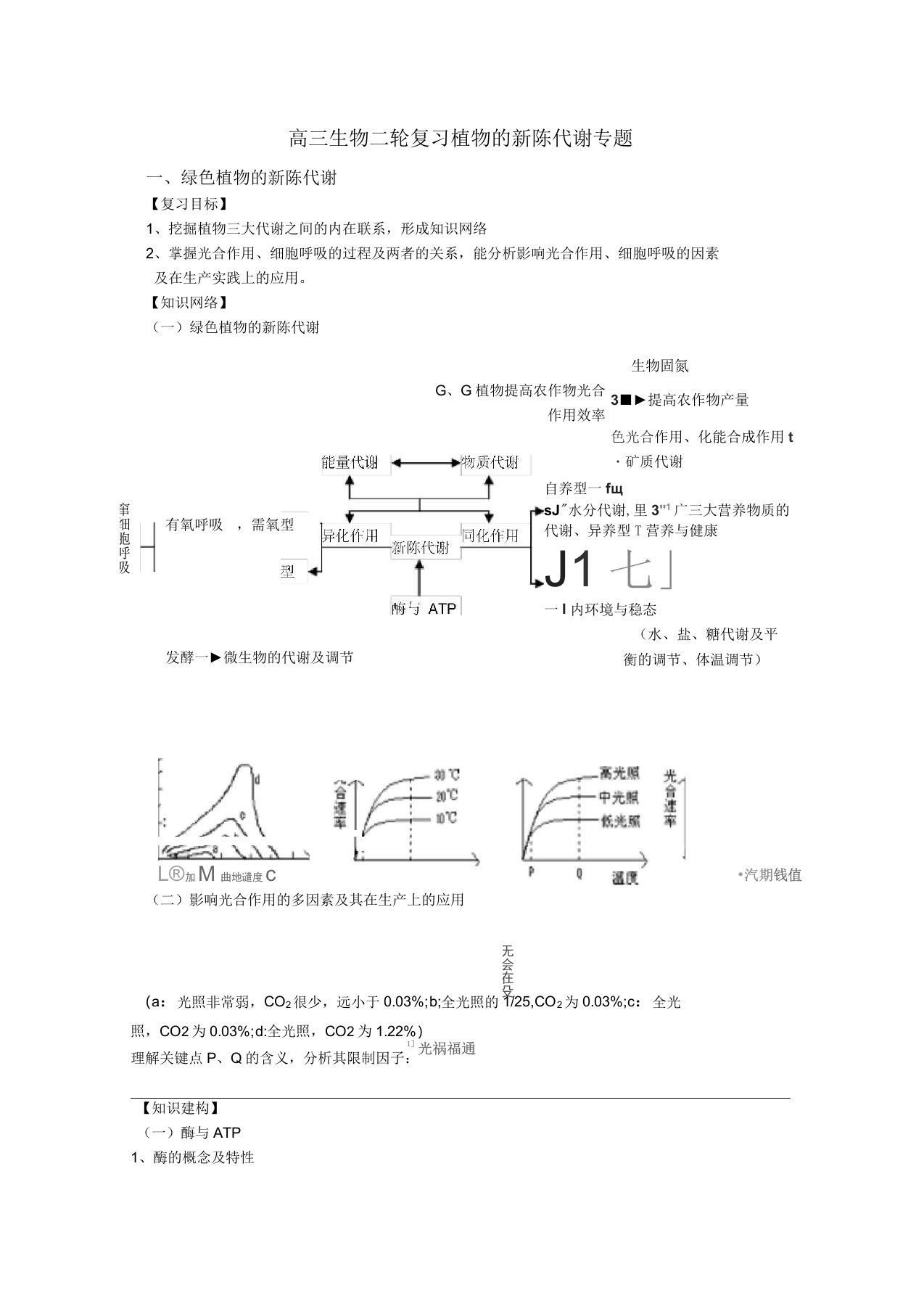 高三生物二轮复习学案植物的新陈代谢专题附答案