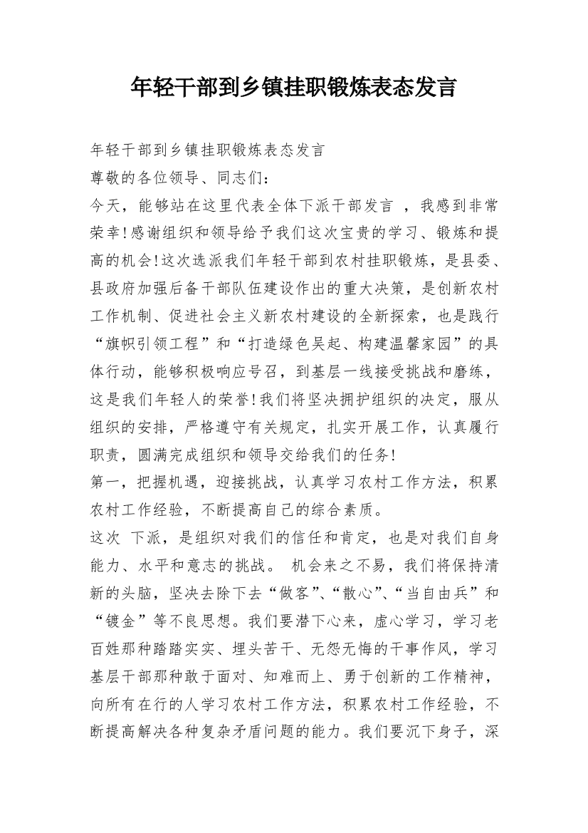 年轻干部到乡镇挂职锻炼表态发言